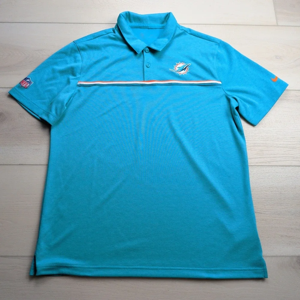 Nike Miami Dolphins NFL On Field Polo Shirt Men L Blue Orange Stripe Performance